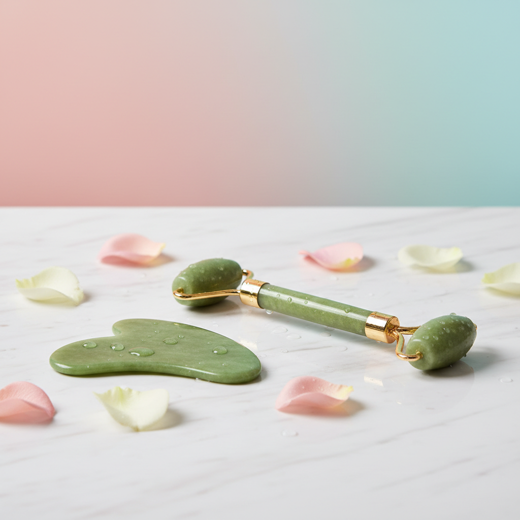 Velmora Gua Sha Jade Roller Set on marble surface